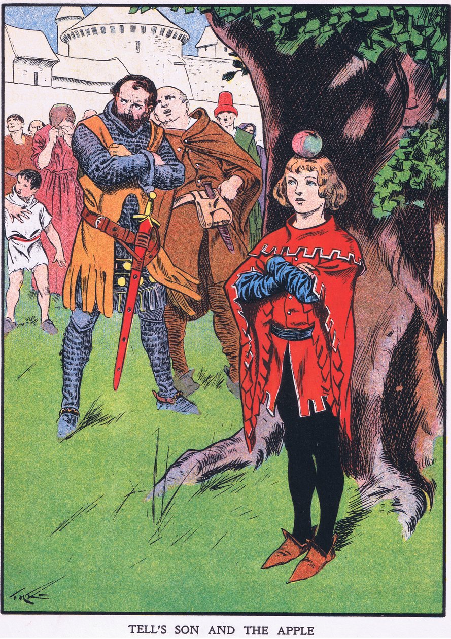 De zoon van William Tell en de appel (kleurenlitho) door Thomas Heath Robinson