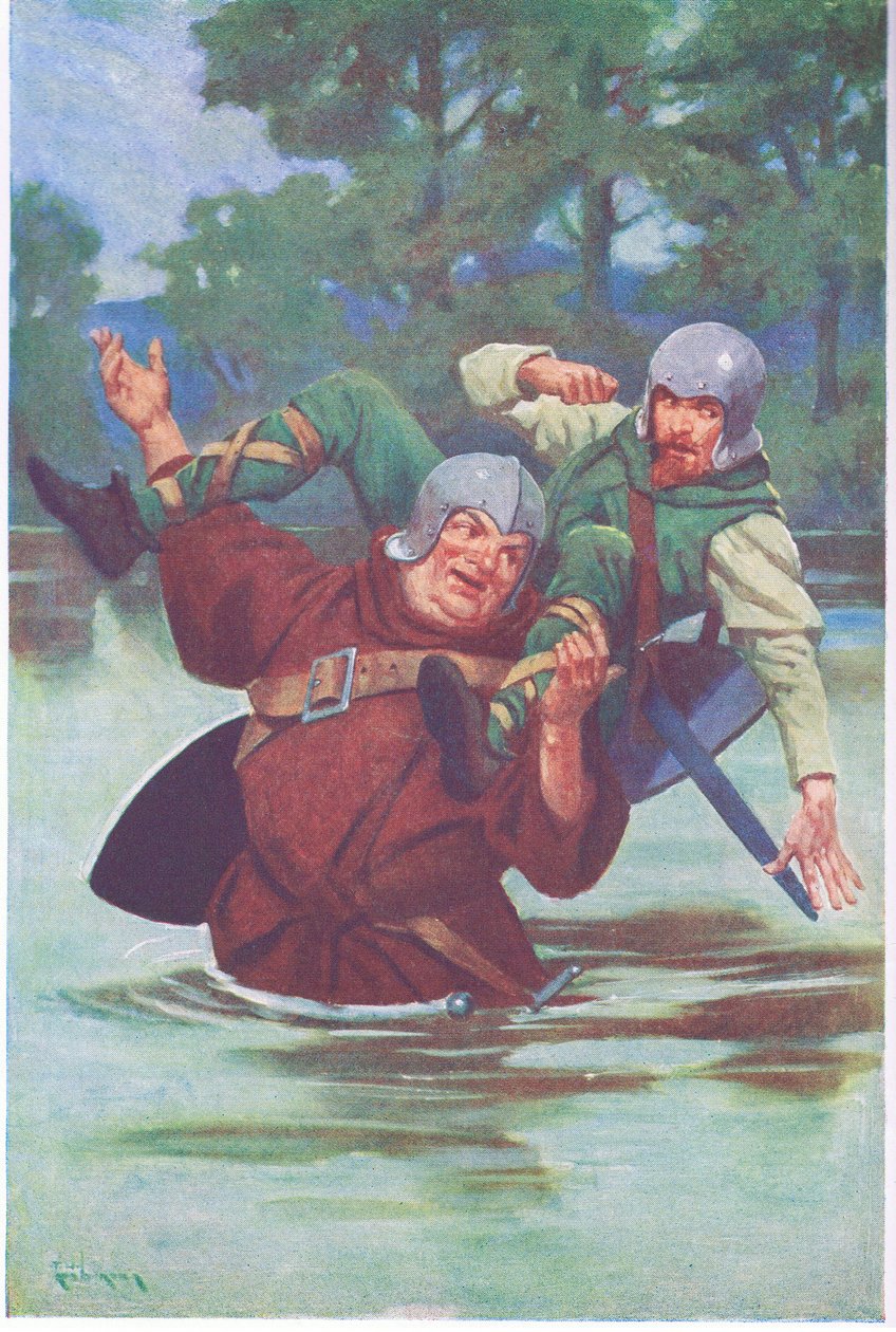 Met een ruk van zijn grote handen stuurde hij de vogelvrijverklaarde de beek in (kleurenlitho) door Thomas Heath Robinson