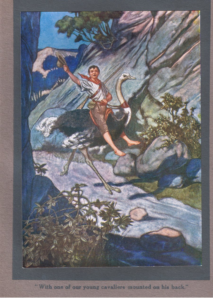 Met een van onze jonge cavaliers op zijn rug (kleurenlitho) door Thomas Heath Robinson
