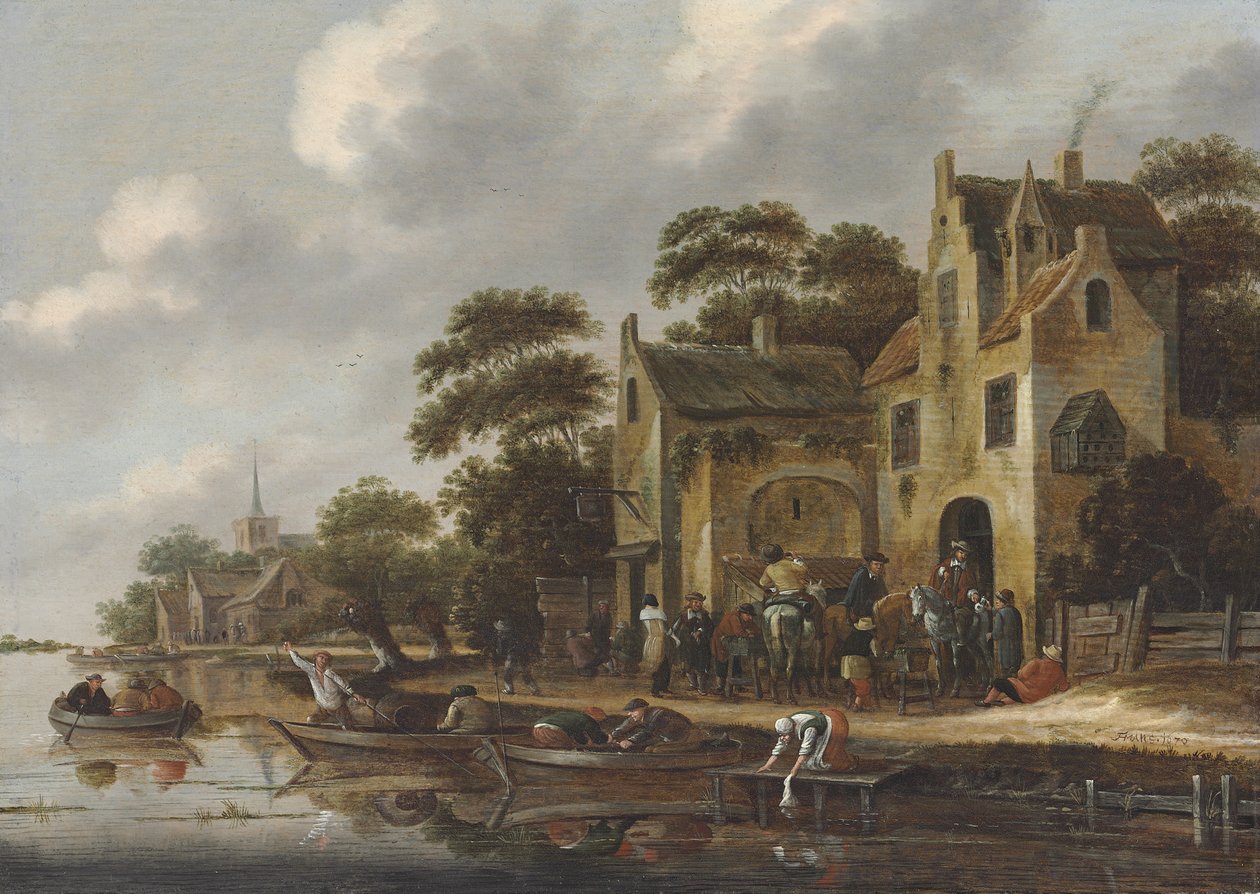 De oever van een rivier, met figuren in roeiboten en reizigers buiten een herberg, een kerk daarachter door Thomas Heeremans