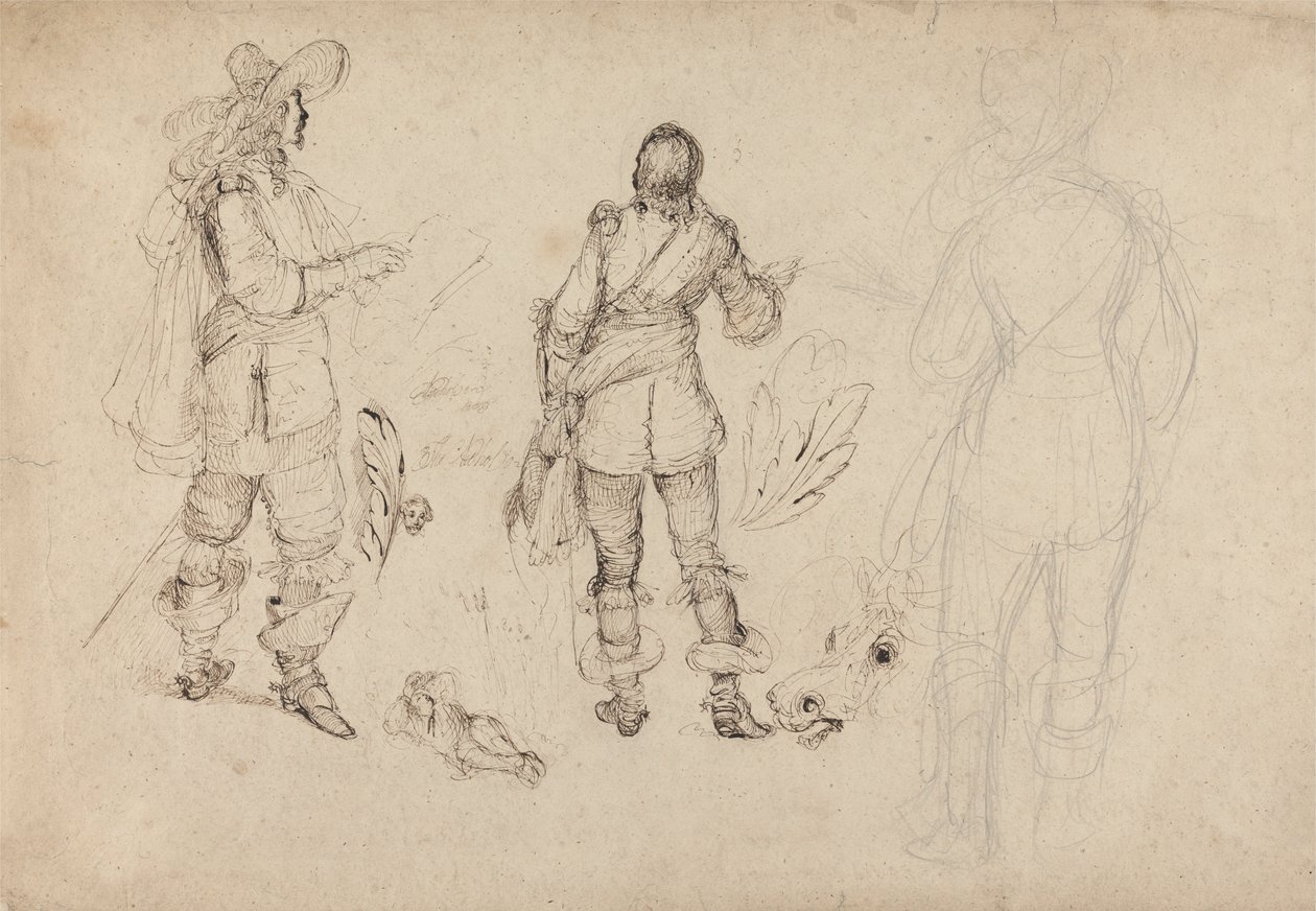 Pagina met schetsen van ruiters, paardenhoofd en pluimen door Thomas Henry Nicholson