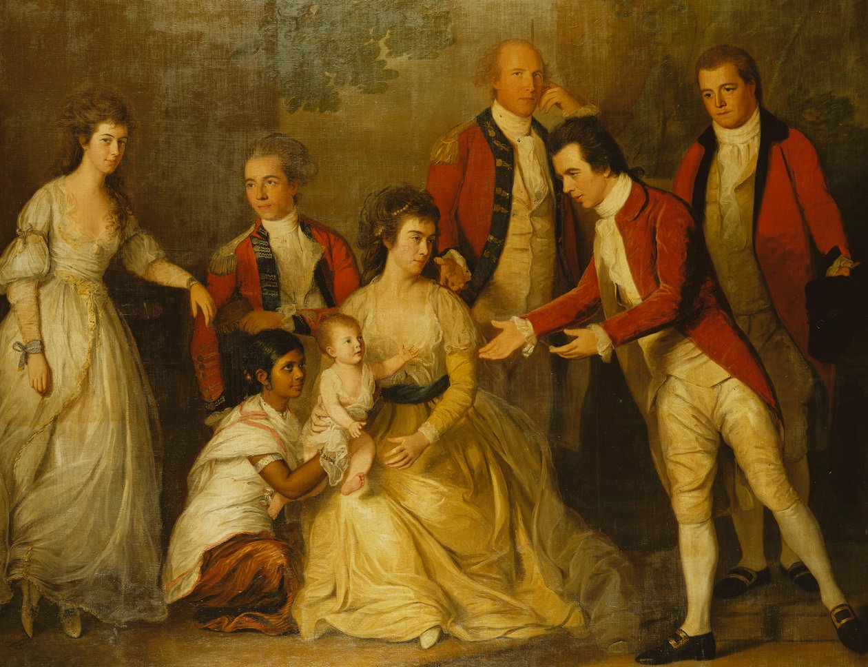 Groepsportret van een doopfeest met een dame zittend in volledige lengte, met haar man achter haar, haar kind verzorgd door een ayah en vier peetouders door Thomas Hickey