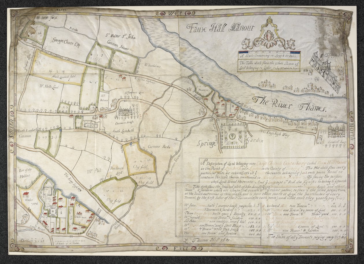 Plan van Faux Hall [nu Vauxhall] landhuis, in Lambeth, co. Surrey door Thomas Hill