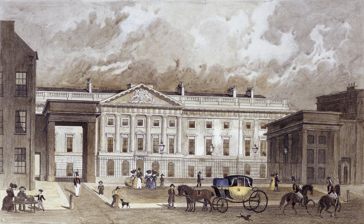 Een eigentijdse gravure van de nieuwe Koninklijke Munt, ca. 1830 door Thomas Hosmer Shepherd