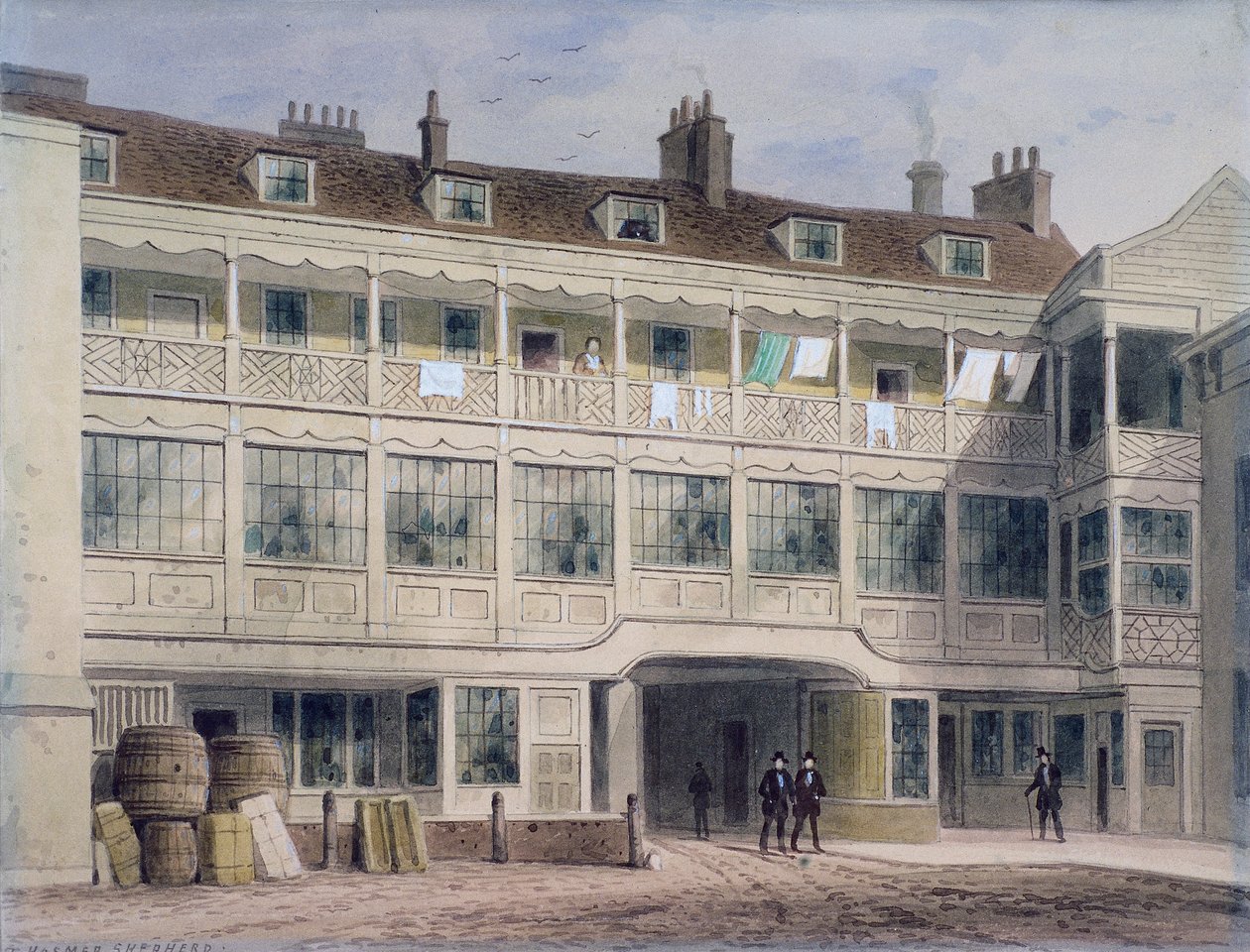 Belle Sauvage Yard, Ludgate Hill, Londen, ca. 1850 door Thomas Hosmer Shepherd