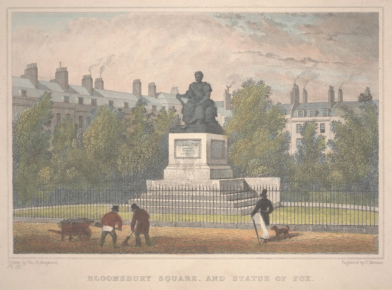 Bloomsbury Square met standbeeld van Fox, gegraveerd door Charles Mottram door Thomas Hosmer Shepherd