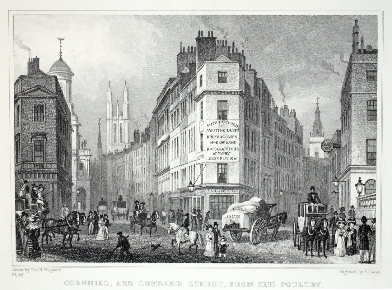 Cornill en Lombardstraat, vanaf de Poultry, uit 