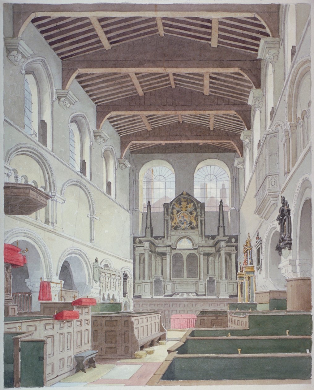 Interieur van de Kerk van St Bartholomew-the-Great, Smithfield, City of London, 1821 door Thomas Hosmer Shepherd