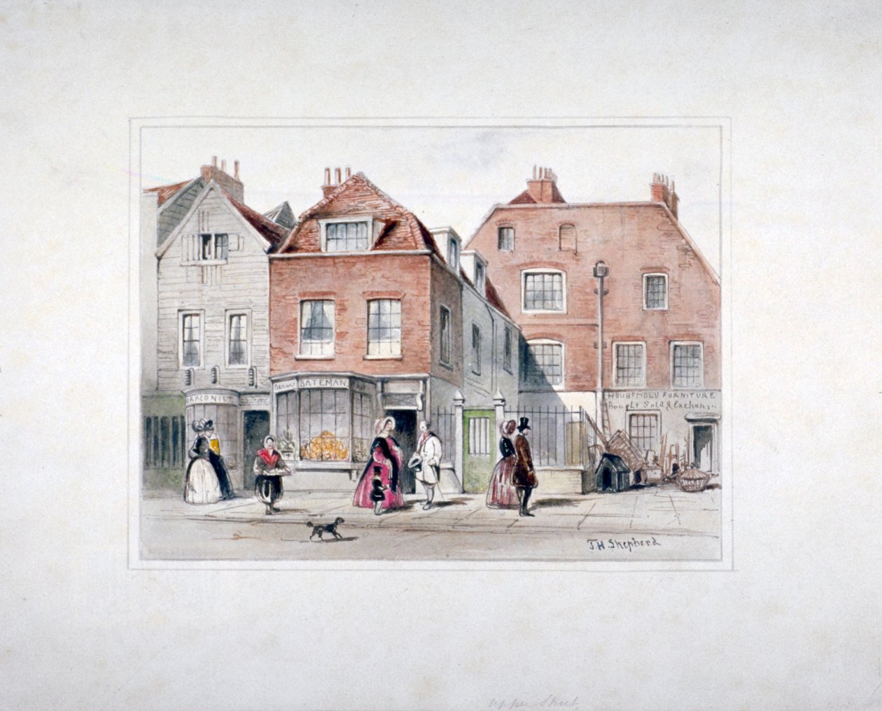 Het huis van meneer Upcott en figuren op Upper Street, Islington, Londen door Thomas Hosmer Shepherd