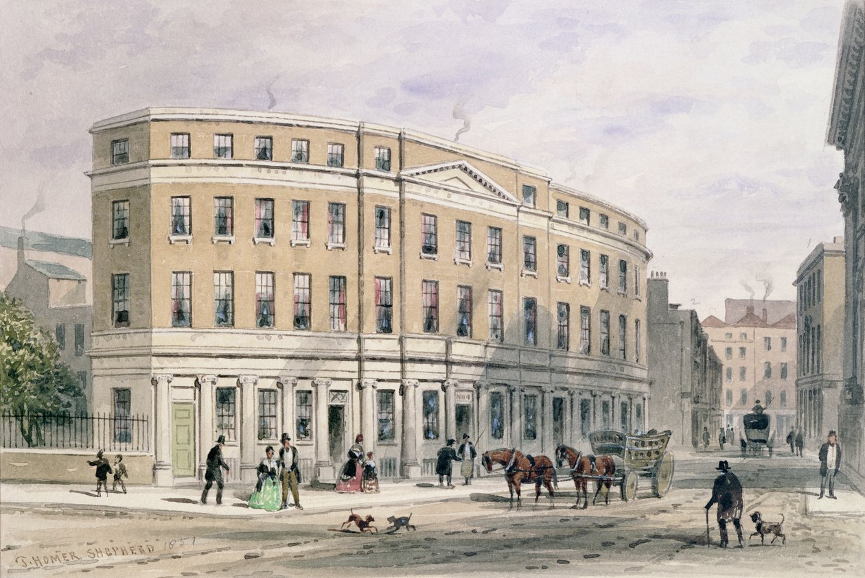 Nieuwe huizen bij de ingang van Gresham St, 1851 door Thomas Hosmer Shepherd
