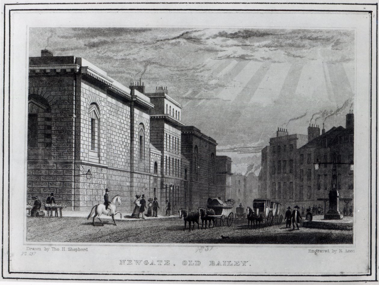 Newgate gevangenis en de Old Bailey, gegraveerd door Robert Acon, 1831 door Thomas Hosmer Shepherd