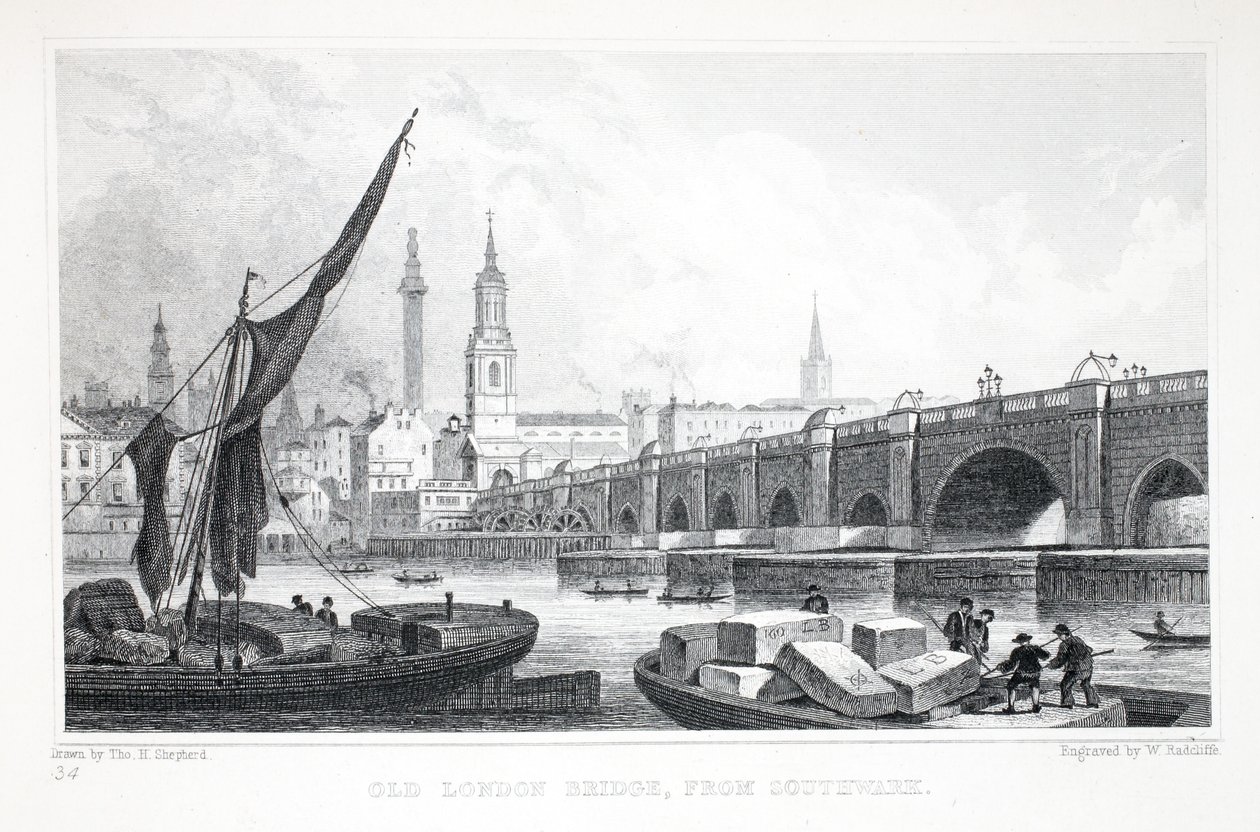 Oude London Bridge, vanaf Southwark, uit 