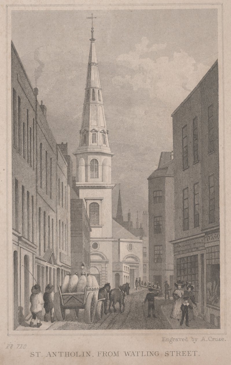 St. Antholin, van Watling Street, gegraveerd door A. Cruse, c.1830 door Thomas Hosmer Shepherd