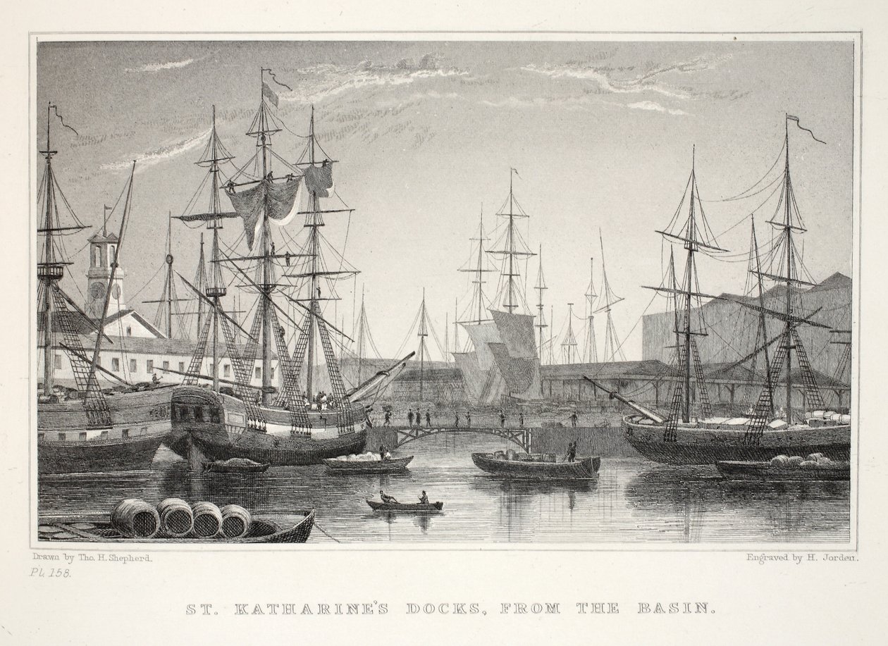 St Katherine Docks, vanaf het Basin, Tower, uit Londen en zijn Omgeving in de Negentiende Eeuw uitgegeven door Jones und Co., 1827-1829 door Thomas Hosmer Shepherd