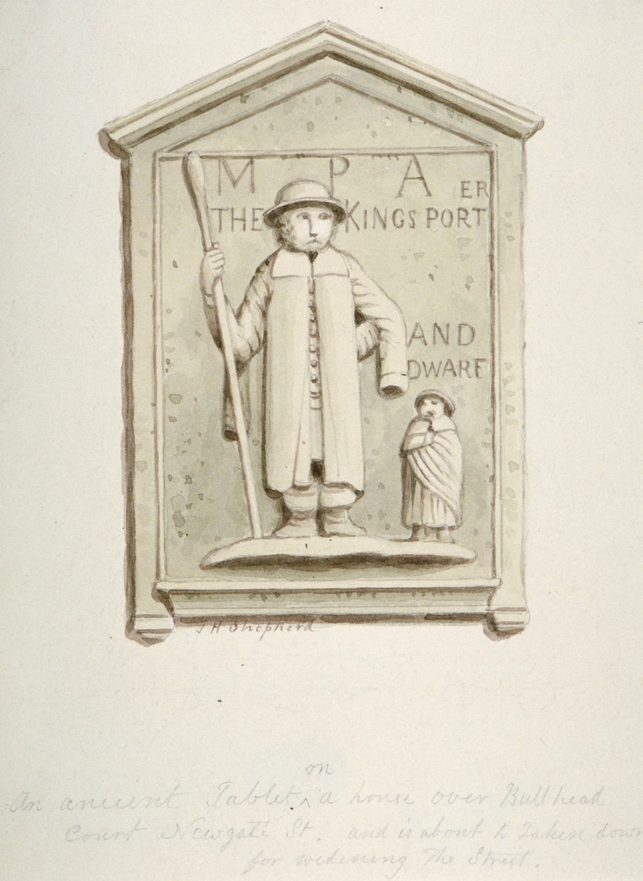 Tablet op een huis boven Bull Head Court, Newgate Street, City of London door Thomas Hosmer Shepherd