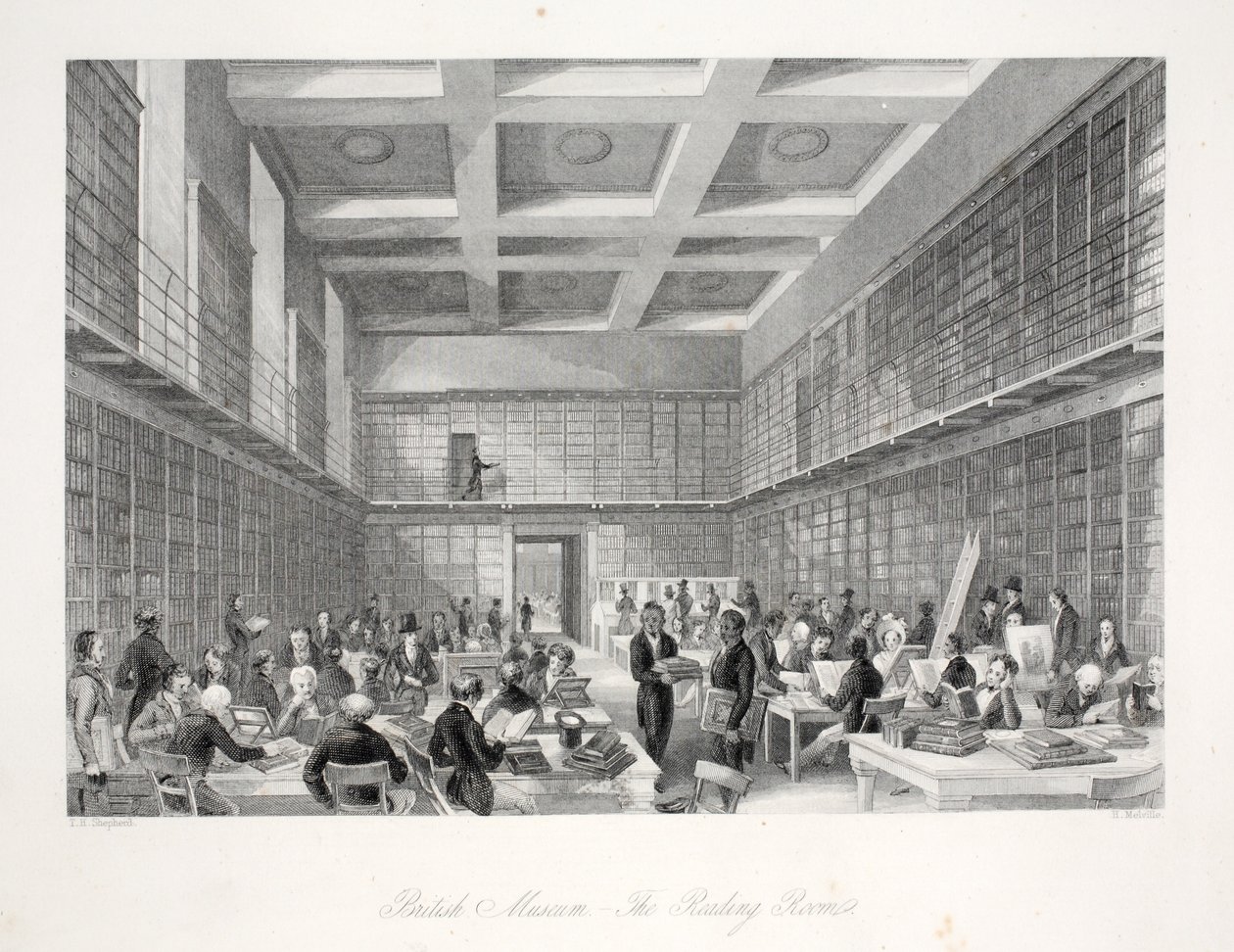 De leeszaal en bibliotheek in het British Museum, uit 