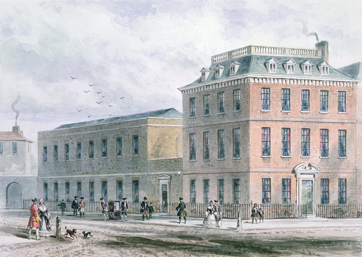 Uitzicht op Soho Square en Carlisle House door Thomas Hosmer Shepherd