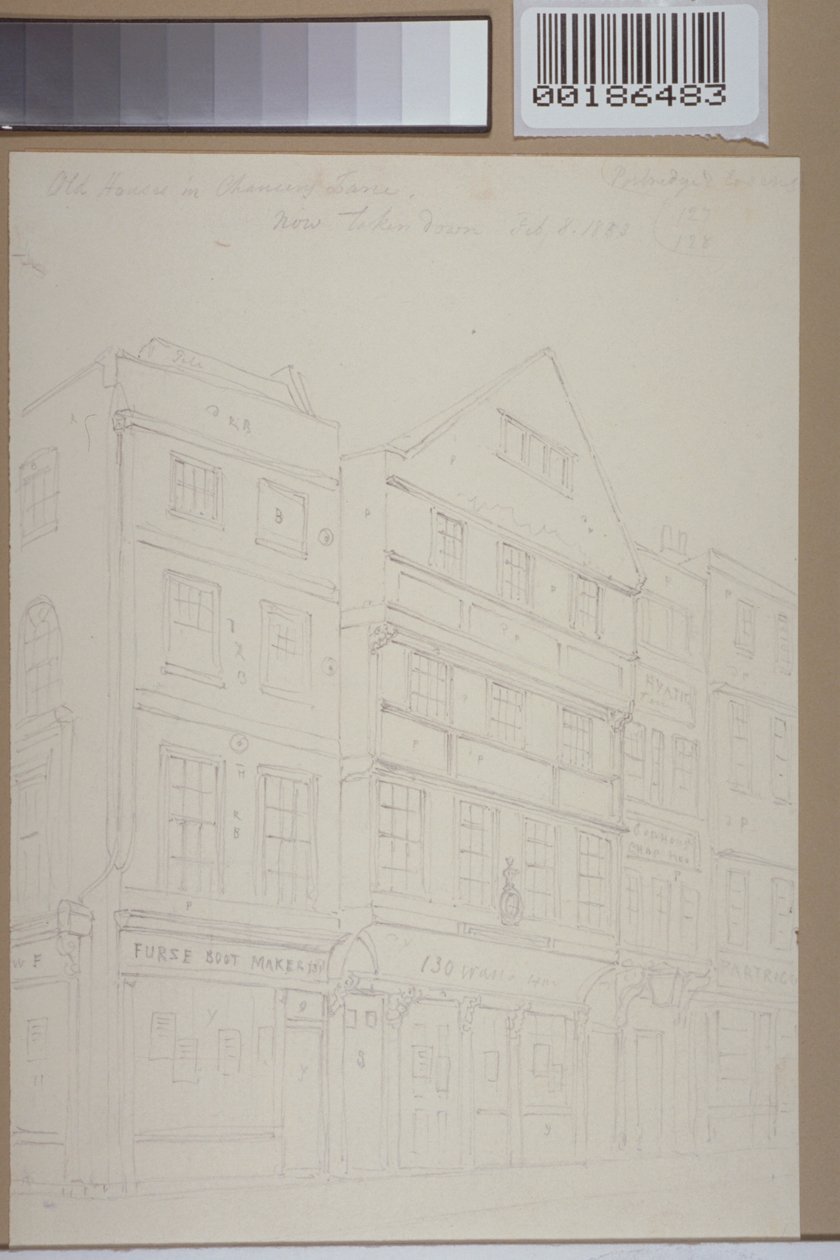 Uitzicht op oude huizen in Chancery Lane, 1853 door Thomas Hosmer Shepherd