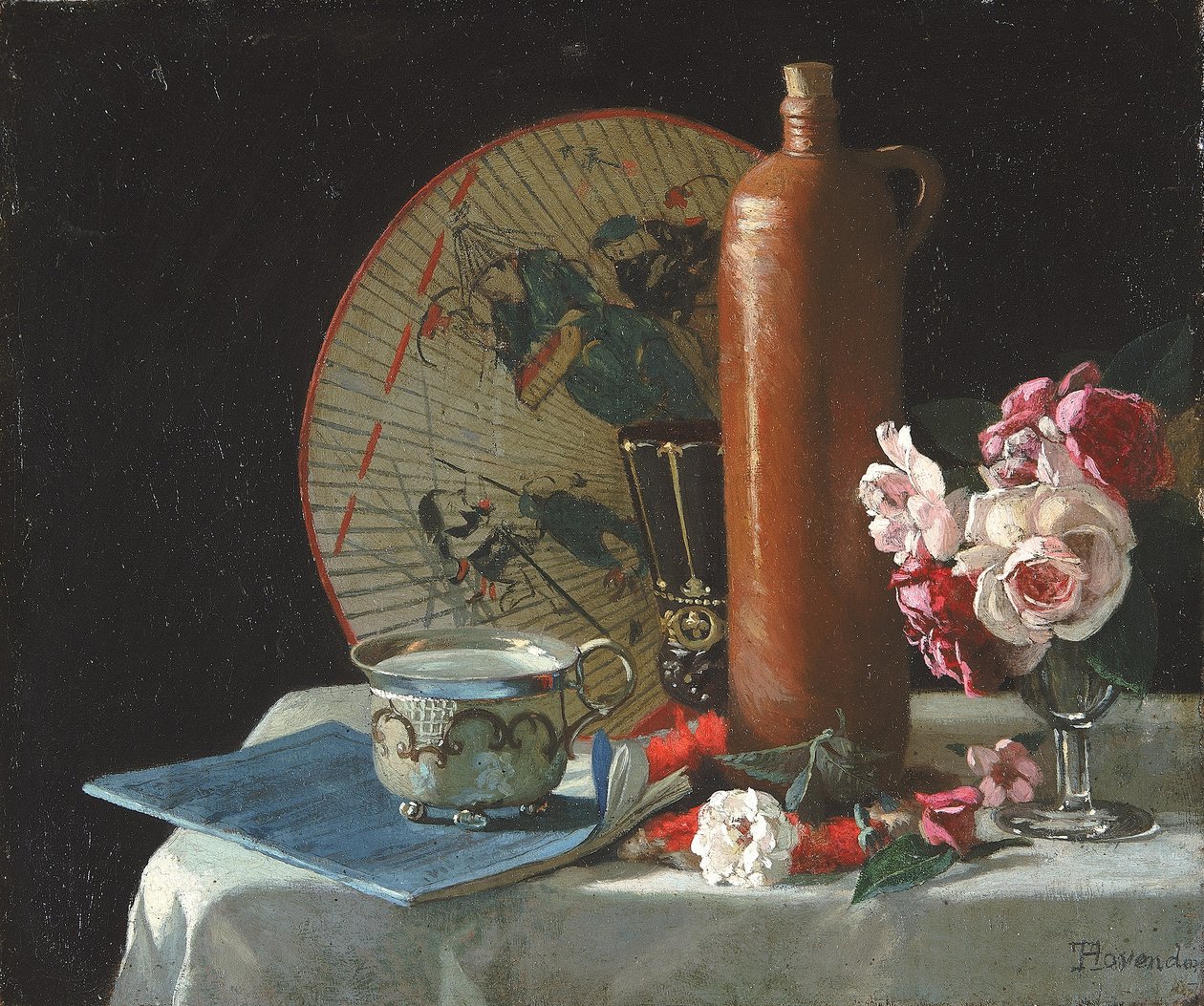 Stilleven met waaier en rozen door Thomas Hovenden