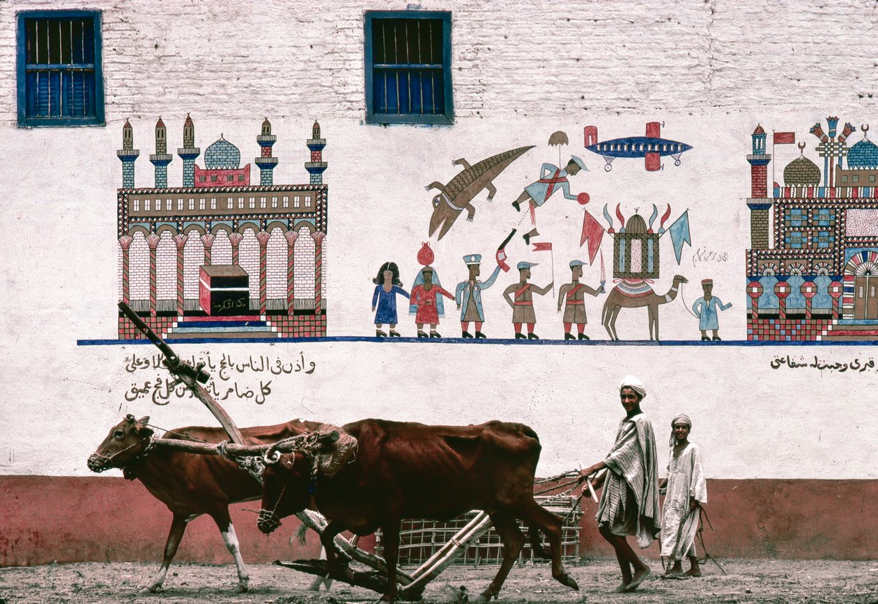 Beschilderde muurschildering op stucmuur van een boerderij in Luxor herdenkt de vroege... door Thomas J. Abercrombie