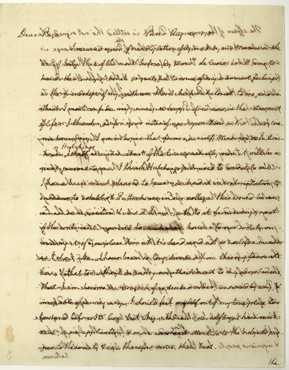 Handtekeningbrief als Amerikaanse minister in Frankrijk, aan Dr. John Page door Thomas Jefferson