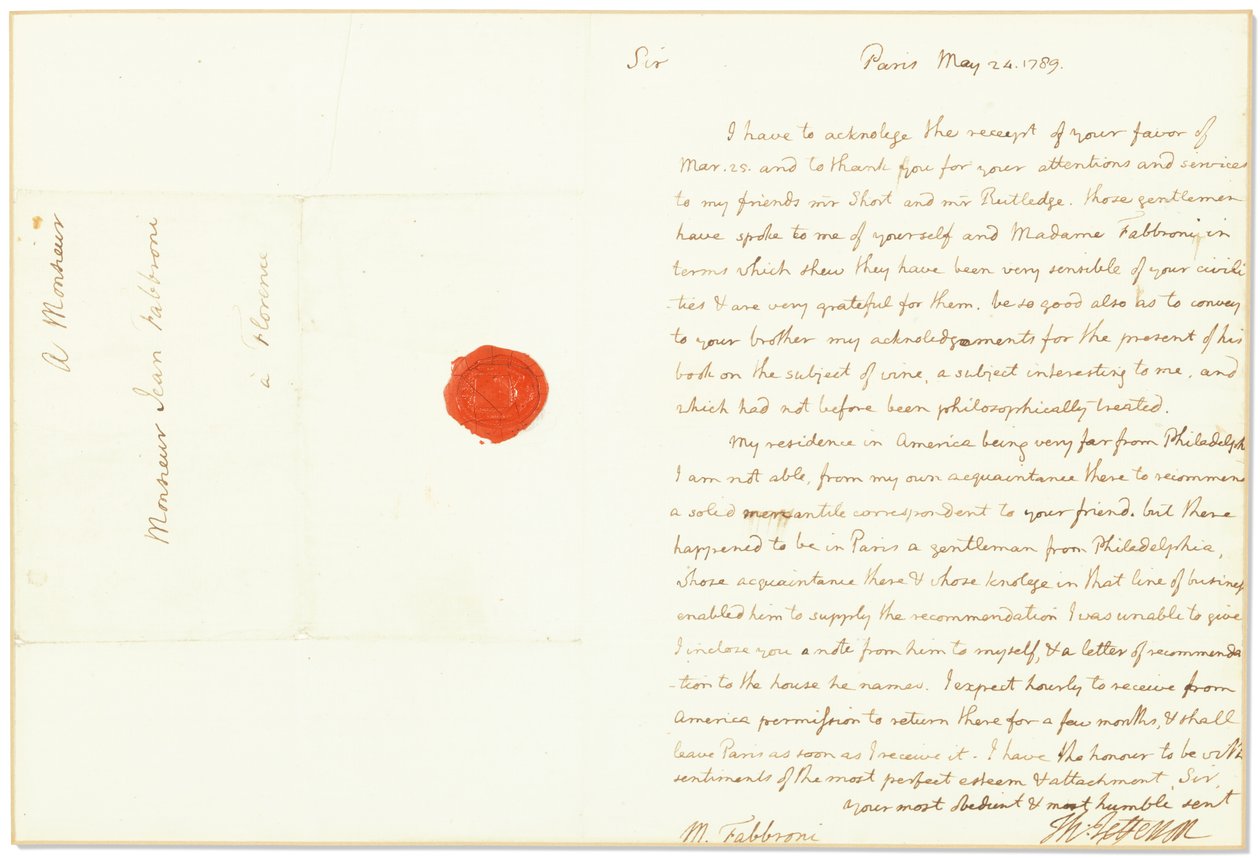 Handtekeningbrief als Amerikaanse ambassadeur in Frankrijk, aan Giovanni Fabbroni, Parijs, 24 mei 1789 door Thomas Jefferson