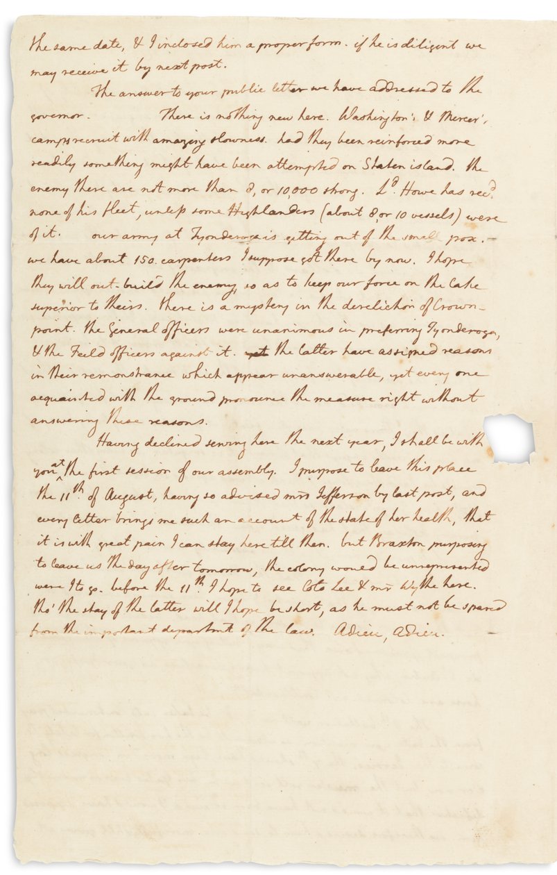 Autograaf brief aan John Page, Philadelphia, 30 juli 1776 door Thomas Jefferson