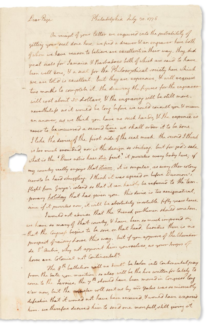 Handtekeningbrief aan John Page, Philadelphia, 30 juli 1776 door Thomas Jefferson