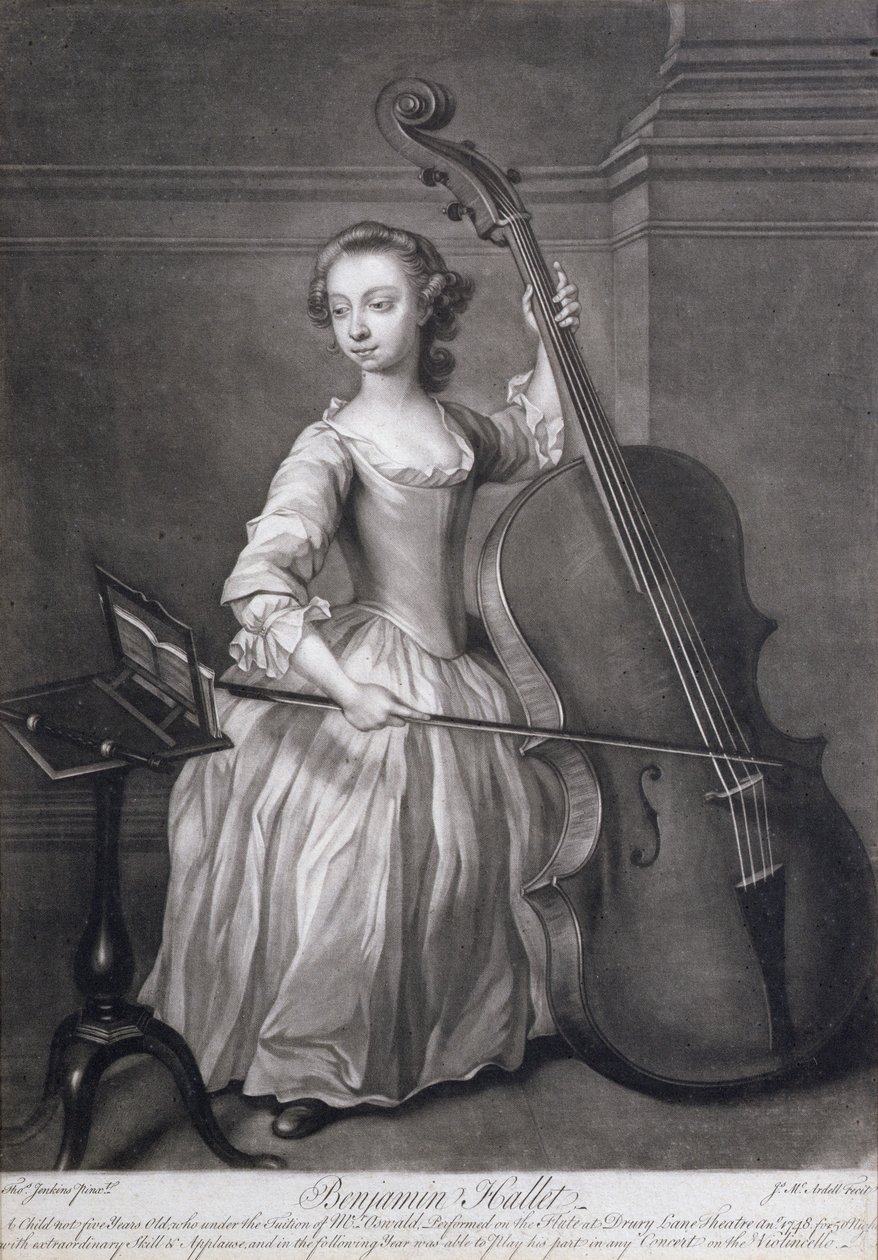 Portret van Benjamin Hallet die cello speelt, gegraveerd door James McArdell, ca. 1749 door Thomas Jenkins