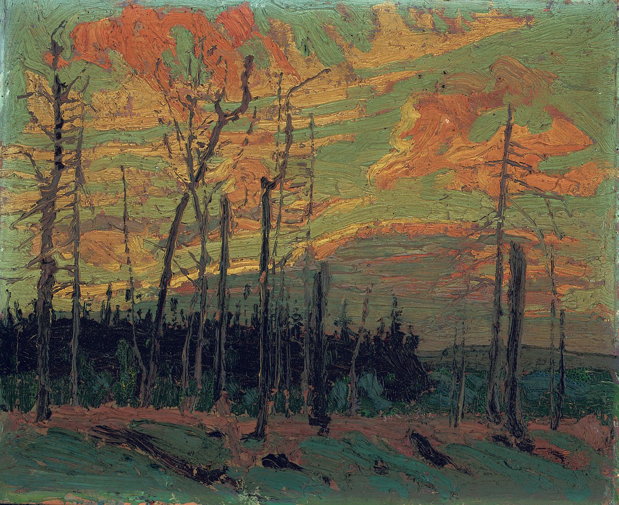 Verbrand land bij zonsondergang, 1915 door Tom Thomson