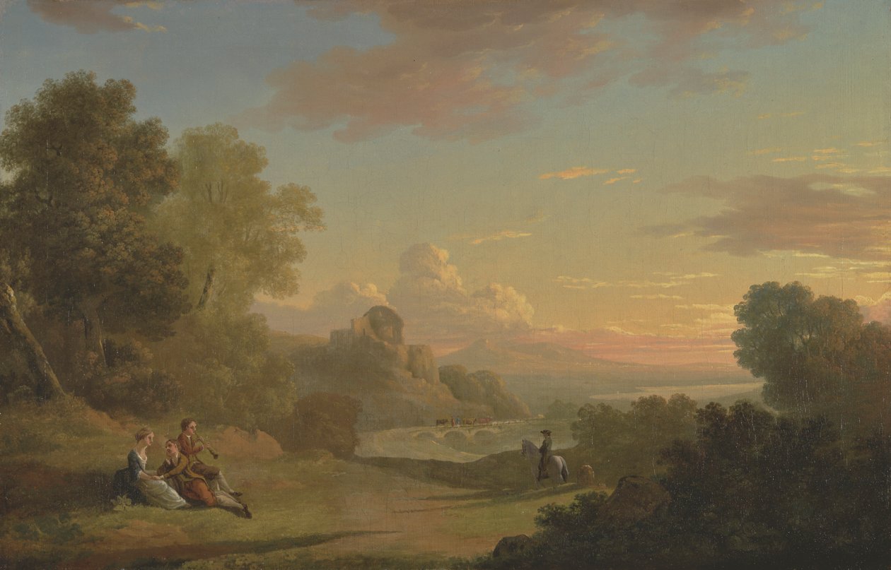 Een denkbeeldig landschap met een reiziger en figuren met uitzicht op de baai van Baiae door Thomas Jones