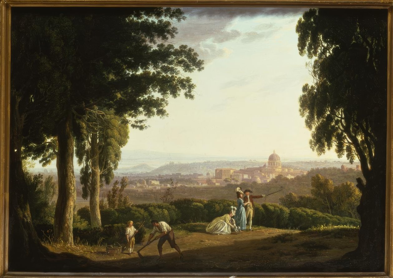 Elegante figuren op een heuvel met een verre blik op Rome door Thomas Jones