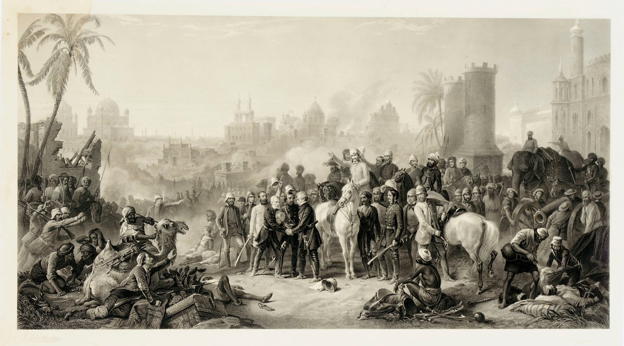 De bevrijding van Lucknow, en de triomfantelijke ontmoeting van Havelock, Outram en Sir Colin Campbell, 1862 door Thomas Jones Barker