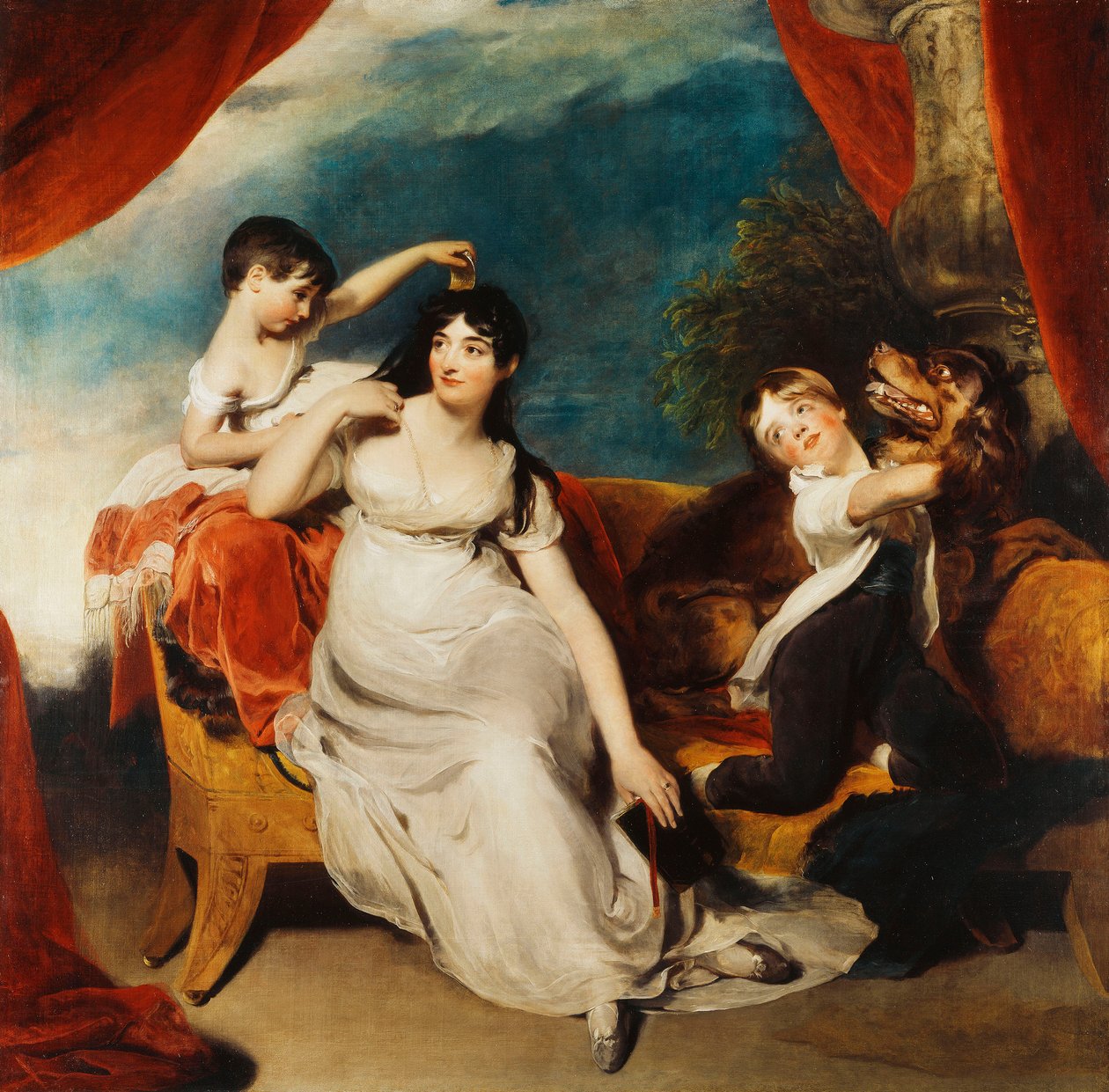 Groepsportret van Mevrouw Henry Baring en Twee van haar Kinderen en een Grote Hond, een Landschap daarachter, c.1817-1824 door Thomas Lawrence