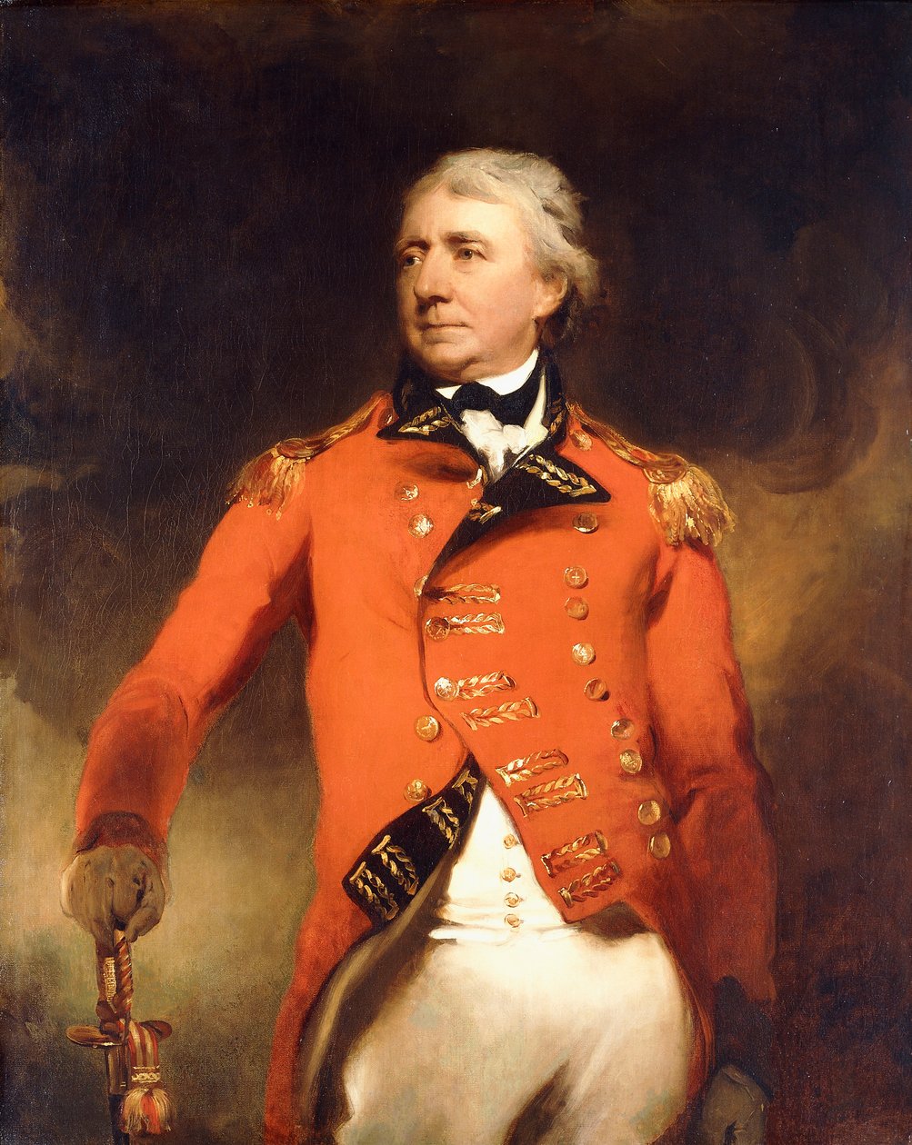 Portret van Generaal James Stuart, staand driekwart lengte, in een rood uniform met gouden versieringen door Thomas Lawrence