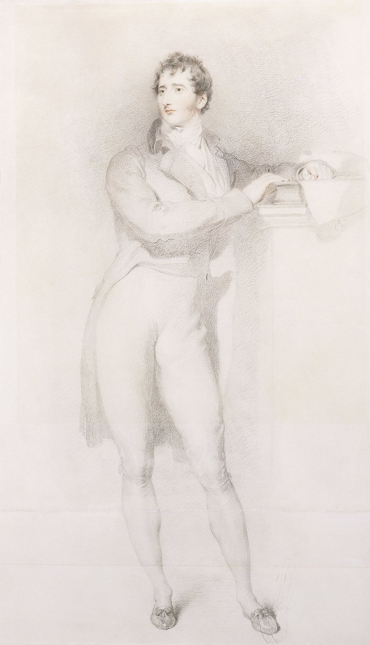 Portret van Sir Francis Burdett, Bart, klein volledig lichaam, staand bij een schoorsteenmantel, ca. 1796 door Thomas Lawrence