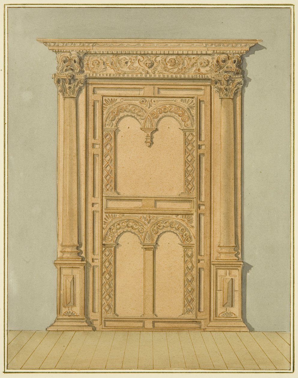 Gesneden eikenhouten deur, 6 Redcliffe Street door Thomas Leeson the Elder Rowbotham