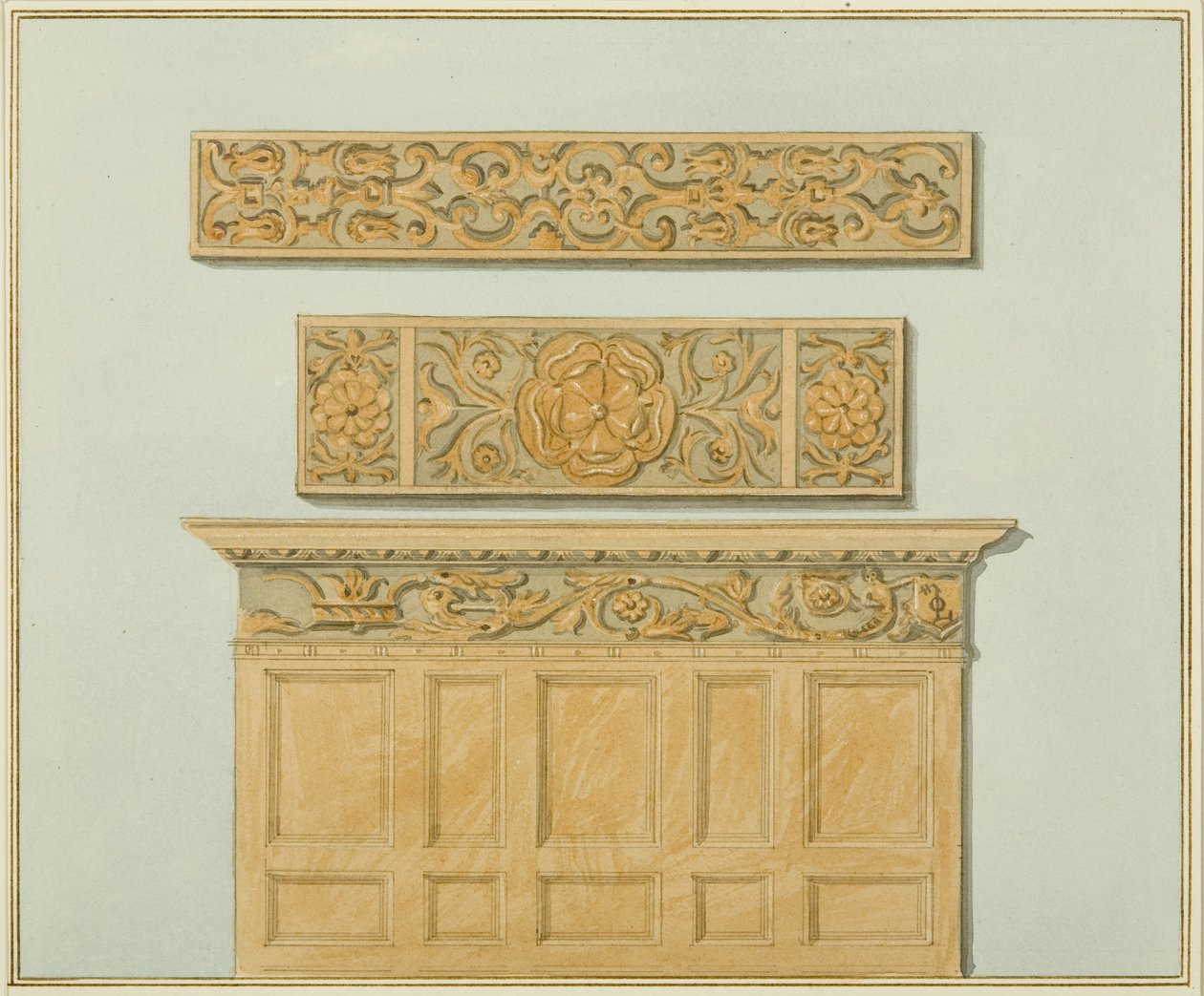 Delen van de betimmering en fries in Langton Mansion, aan de Achterzijde door Thomas Leeson the Elder Rowbotham
