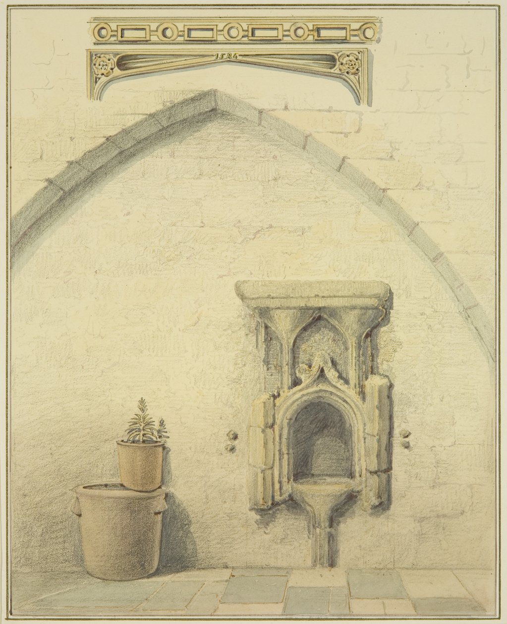 Piscina, fries en spandrils in de binnenplaats van Temple Street 131 door Thomas Leeson the Elder Rowbotham