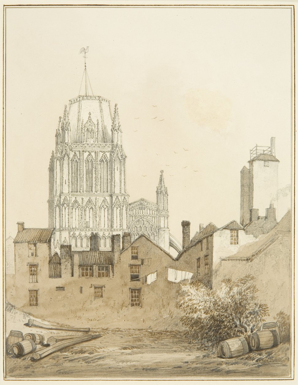 Redcliffe kerk en een deel van Redcliffe Hill met de Shot Tower door Thomas Leeson the Elder Rowbotham