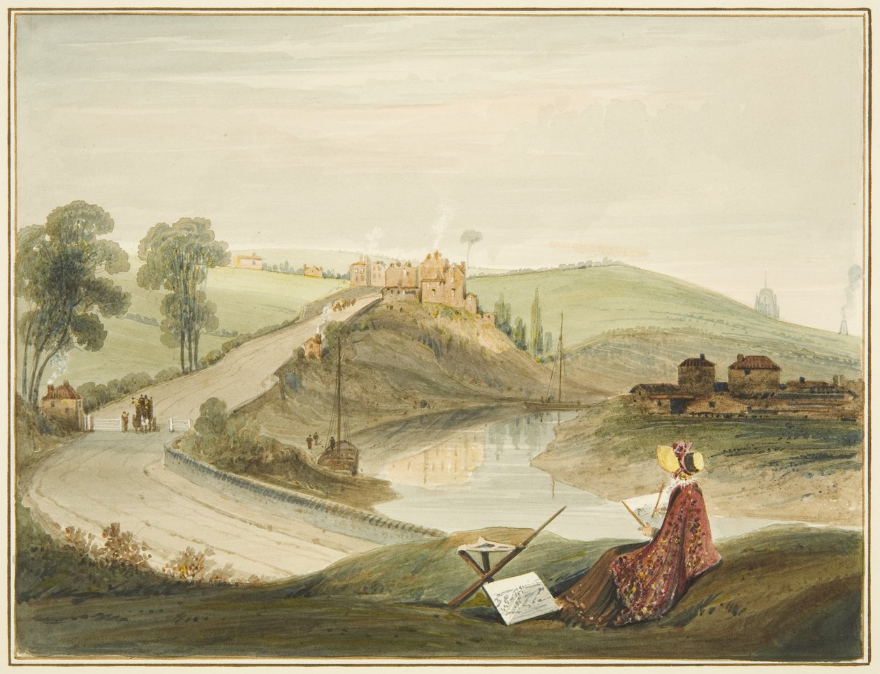 Totterdown en Pile Hill vanaf Bath Road, met de Brislington Turnpike (met een Miss Braikenridge? aan het schetsen) door Thomas Leeson the Elder Rowbotham