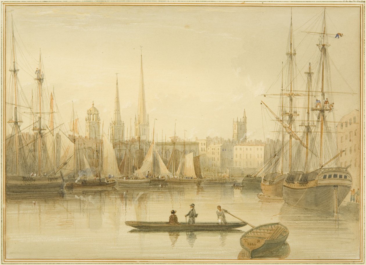 Uitzicht op de drijvende haven vanaf Redcliffe Back Ferry door Thomas Leeson the Elder Rowbotham