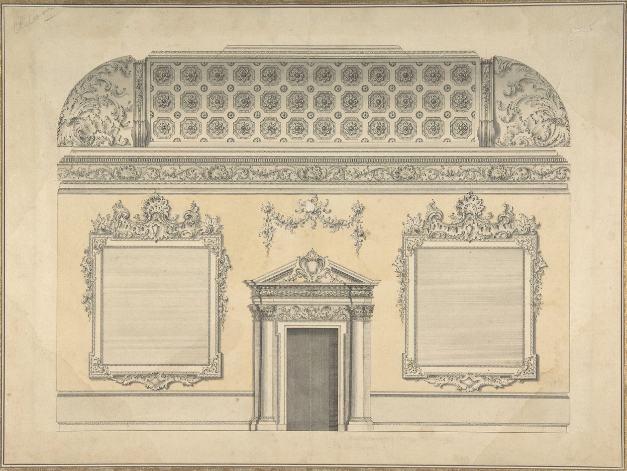 Ontwerp voor een sectie van een rococo-kamer, met een gewelfd plafond en versierde Korinthische... door Thomas Lightoler.