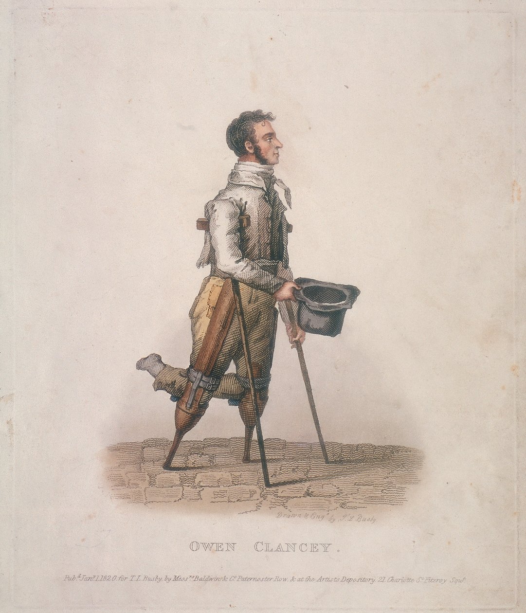 Owen Clancy, bedelend met zijn hoed in de hand, op krukken en met apparaten aan zijn benen door Thomas Lord Busby