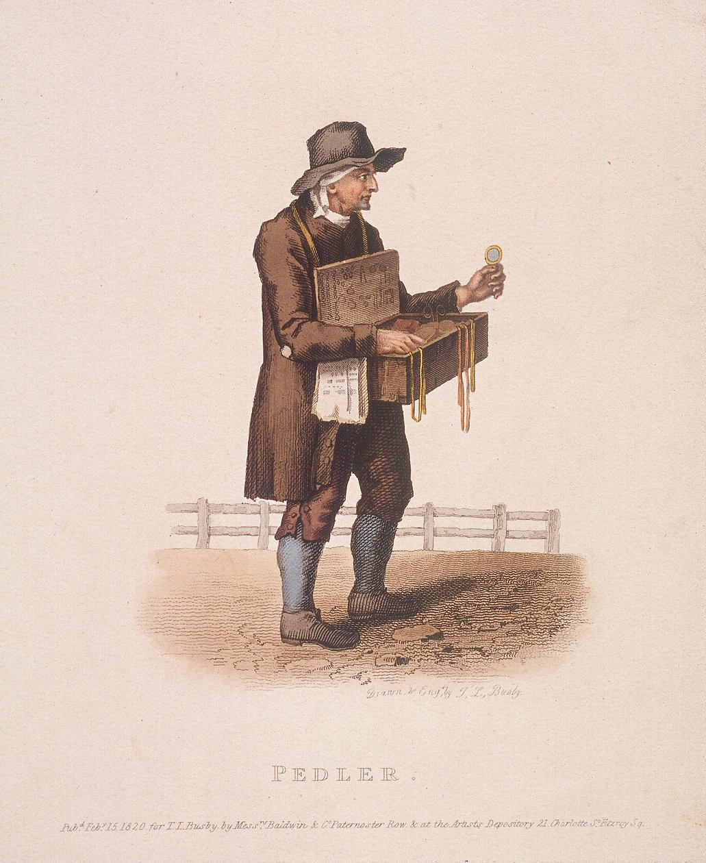 Marskramer met zijn doos vol waren om zijn nek gehangen, 1820 door Thomas Lord Busby