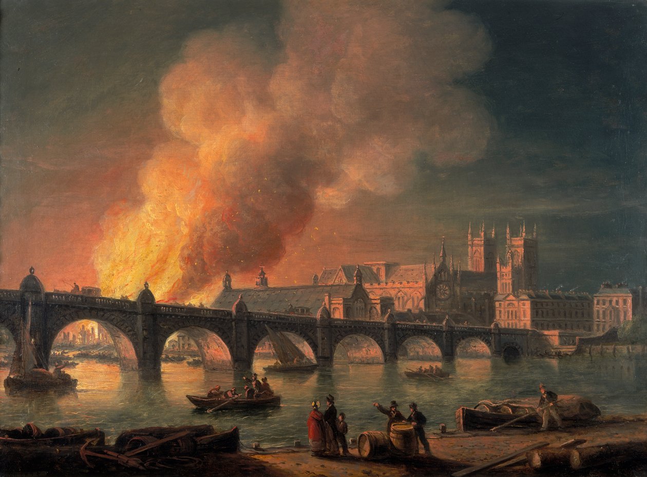 Westminster Bridge en de brand van de Houses of Parliament vanuit Lambeth, 1835 door Thomas Luny
