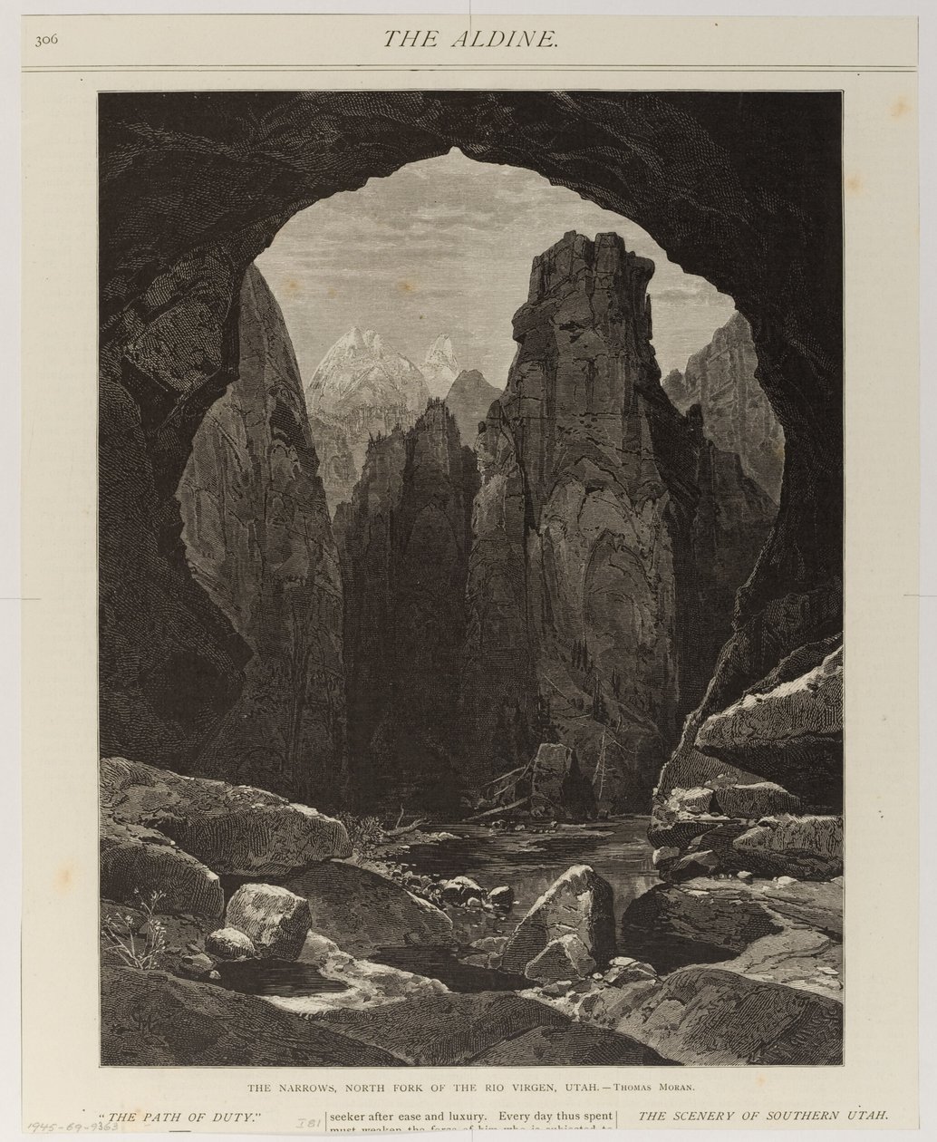 De nauwe kloof, noordelijke tak van de Rio Virgen, Utah door Thomas Moran
