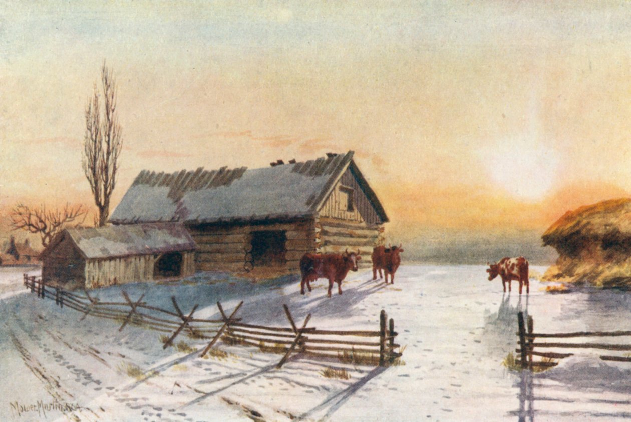 Boerenerf achterland, winter (kleurenlitho) door Thomas Mower Martin