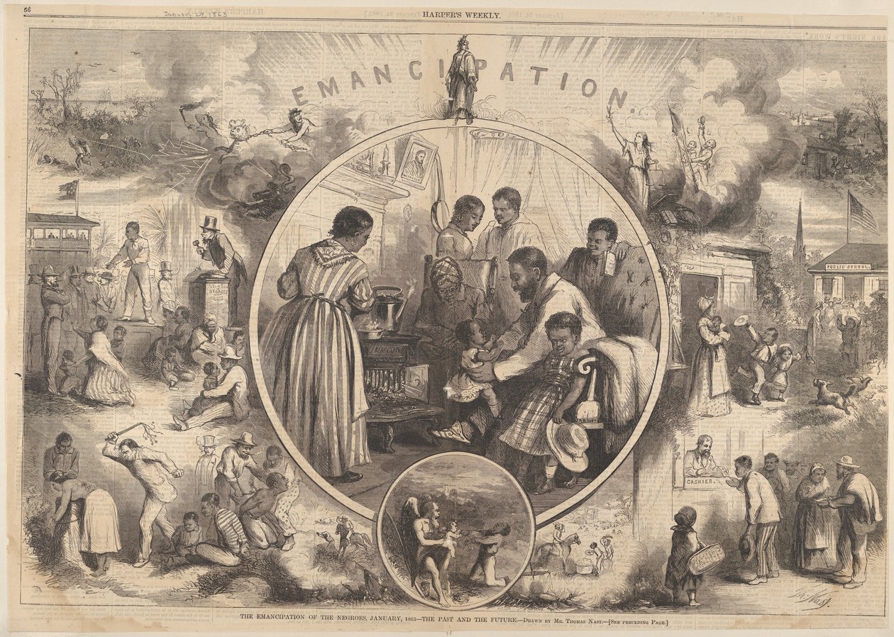Emancipatie van de Zwarte - Het Verleden en de Toekomst uit Harpers Weekly, 24 januari 1863 door Thomas Nast