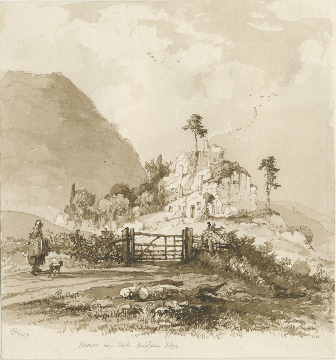 Kinver Edge: sepia tekening, 1837 door Thomas Peploe Wood